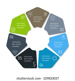 Polygonal infographic diagram with 7 parts. EPS10 circular connected chart with seven options. Progress steps for tutorial. Business concept sequence banner, process layout.