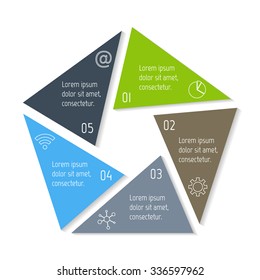 Polygonal infographic diagram. Circular connected chart with 5 options. Progress steps for tutorial. Business concept sequence banner, process layout. EPS10 vector pentagon.