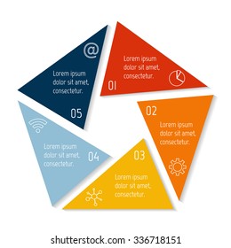 Polygonal infographic diagram. Circular connected chart with 5 options. Progress steps for tutorial. Business concept sequence banner, process layout. EPS10 vector pentagon.