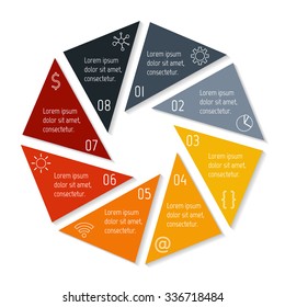 Polygonal infographic diagram. Circular connected chart with 8 options. Progress steps for tutorial. Business concept sequence banner, process layout. EPS10 vector.
