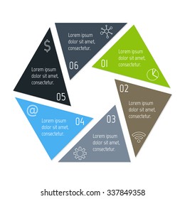 Polygonal infographic diagram. Circular connected chart with 6 options. Progress steps for tutorial. Business concept sequence banner, process layout. EPS10 vector hexagon.