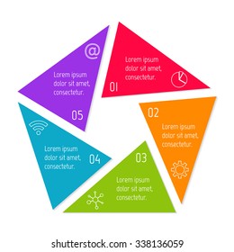 Polygonal infographic diagram. Circular connected chart with 5 options. Progress steps for tutorial. Business concept sequence banner, process layout. EPS10 vector pentagon.