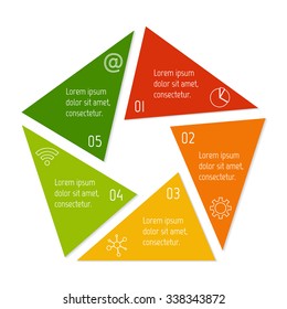 Polygonal infographic diagram. Circular connected chart with 5 options. Progress steps for tutorial. Business concept sequence banner, process layout. EPS10 vector pentagon.