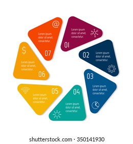 Polygonal infographic diagram. Circular connected chart with 7 options. Progress steps for tutorial. Business concept sequence banner, process layout. EPS10 vector.