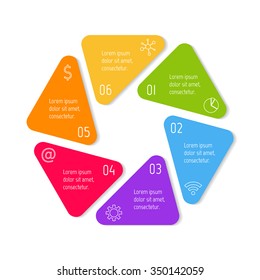 Polygonal infographic diagram. Circular connected chart with 6 options. Progress steps for tutorial. Business concept sequence banner, process layout. EPS10 vector hexagon.