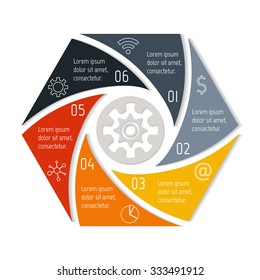 Polygonal infographic diagram with triangle parts. Circular connected chart with 6 options. Progress steps for tutorial. Business concept sequence banner, process layout. EPS10 vector hexagon.