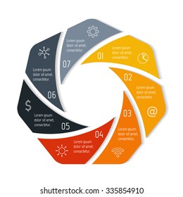 Polygonal infographic diagram with triangle parts. Circular connected chart with 7 options. Progress steps for tutorial. Business concept sequence banner, process layout. EPS10 vector.