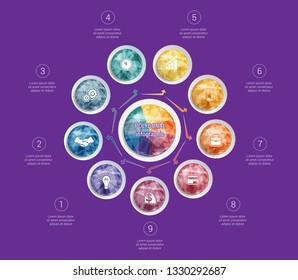 Polygonal infographics. For designs on 9 positions colorful circles with triangles and polygons in a circle.