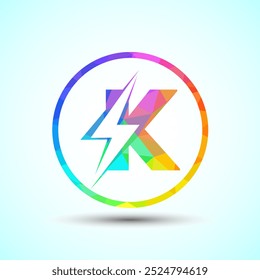 Poligonal Projeto inicial letra K logotipo com iluminação parafuso de trovão, modelo de logotipo de parafuso elétrico