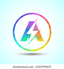 Diseño poligonal inicial del logotipo de la letra A con el perno del trueno de la iluminación, Plantilla eléctrica del logotipo del perno