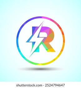 Polygonal Initial letter R logo design with lighting thunder bolt, Electric bolt logo template