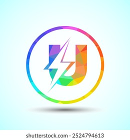 Polygonal Initial letter U logo design with lighting thunder bolt, Electric bolt logo template