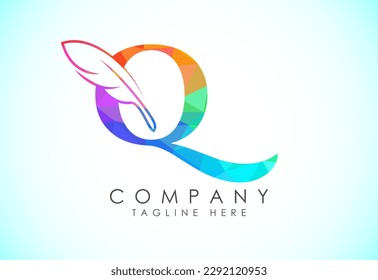 Polygonal initial Q alphabet with a feather. Law firm icon sign symbol. Logo for a writer or publishers