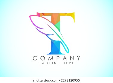 Polygonal initial T alphabet with a feather. Law firm icon sign symbol. Logo for a writer or publishers