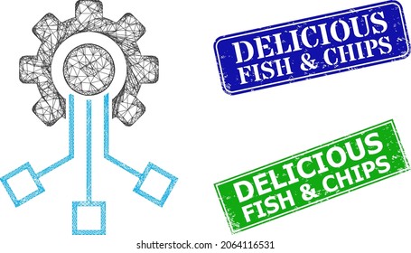 Polygonal IoT component image, and Delicious Fish and Chips blue and green rectangular dirty stamp seals. Mesh wireframe image designed with IoT component icon.