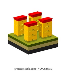 Polygonal isometric hives on schematic background of the earth. Vector apiary icon on green grass. Ecological concepts, healthy food. Apiary on the meadow in isometric style. Stock vector