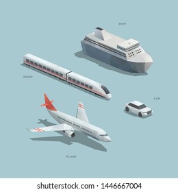 Polygonal Isometric Illustration Of Plane, Train, Car, Ship. Low Poly Icons