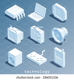 polygonal isometric technology icon set