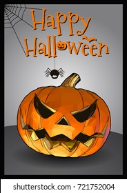  Polygonal Jack o lantern in cartoony funny style for halloween greeting card on gray background with black frame 