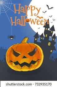 Polygonal Jack o lantern in cartoony funny style for halloween greeting card on grave castle and full moon BG