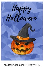 Polygonal Jack o lantern the pumpkin with witch hat on blue purple low poly background for halloween greeting