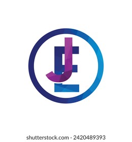 Polygonal JE letter monogram design with blue and purple color circle shape vector eps