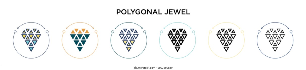 Polygonal jewel icon in filled, thin line, outline and stroke style. Vector illustration of two colored and black polygonal jewel vector icons designs can be used for mobile, ui, web