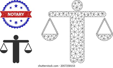 Polygonal Judge Balance Frame Illustration, And Bicolor Grunge Notary Seal Stamp. Mesh Carcass Illustration Created From Judge Balance Icon.