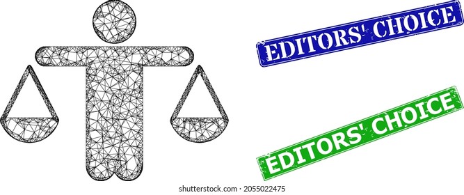 Polygonal judge compare image, and Editors' Choice blue and green rectangle scratched watermarks. Mesh carcass image is designed with judge compare pictogram.