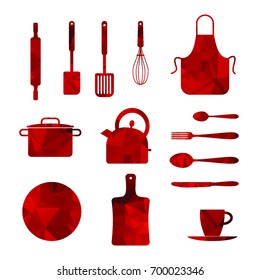 Polygonal Kitchen utensils and appliance icons set. Geometric red dishes
