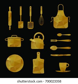 Polygonal kitchen utensils and appliance icons set. Geometric gold dishes