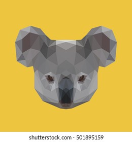 Polygonal koala portrait background. Abstract geometric koala for use in design for card, invitation, t-shirt, poster, banner, placard, diary, album, sketch book. Nature, animal and wildlife theme. 
