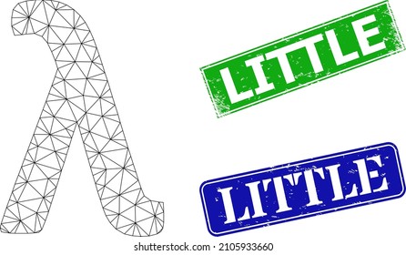 Polygonal Lambda Greek lowercase symbol image, and Little blue and green rectangle textured stamps. Polygonal wireframe symbol is created from Lambda Greek lowercase symbol icon.