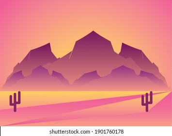 Polygonal landscape of desert mountains with cactus design, nature and outdoor theme Vector illustration
