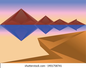 Paisaje poligonal de montañas desérticas frente al diseño del lago, naturaleza y tema exterior Ilustración vectorial