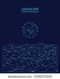 Polygonal landscape illustration with a floating geometric sphere. Connected by glowing lines and dots, this futuristic wireframe design represents digital networks and data visualization.
