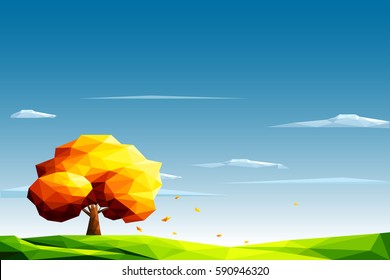 Polygonal landscape with lawn and autumn tree-Vector Illustration