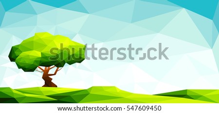 Polygonal landscape with lawn and a big tree-Vector Illustration