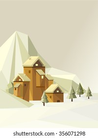Polygonal Landscape. Mountain and Town Scene. Isolated Elements..
