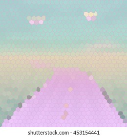 Polygonal landscape with pink road. Vector illustration.