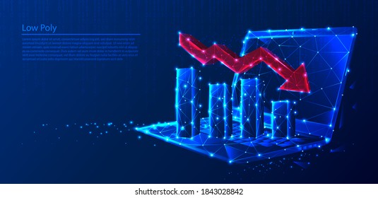 Polygonal laptop with growth charts and red arrow decreasing on dark blue tech background, triangles and particle style design. 