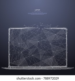 Polygonal laptop low poly wireframe. Business concept. Vector mesh spheres from flying debris. Thin line concept. Blue structure style illustration