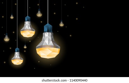 Polygonal LED light bulbs hanging from the ceiling. Lighting decor with low poly lamps for banner background.