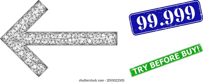 Polygonal left arrow image, and 99.999 blue and green rectangle dirty stamp seals. Polygonal wireframe image is created from left arrow pictogram. Stamps include 99.999 caption inside rectangle form.