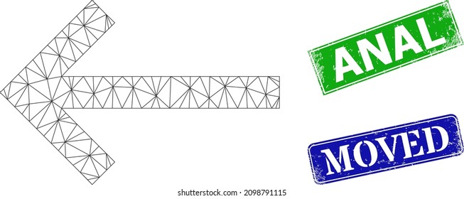 Imagen de flecha poligonal izquierda y marcas de agua rectangulares de color azul y verde anal. Imagen de trama poligonal basada en el icono de flecha izquierda. Los sellos contienen la etiqueta Anal en forma rectangular.