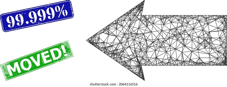 Polygonal left direction model, and 99.999 percent blue and green rectangular textured stamp seals. Mesh carcass symbol created from left direction icon. Stamp seals contain 99.