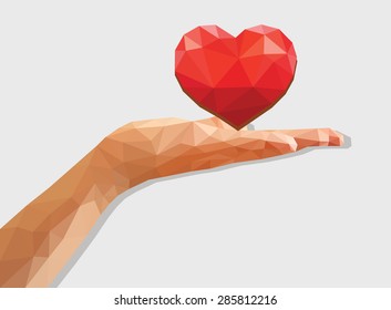 polygonal left hand low poly disclosed flat palm heart love Valentine's Day.
