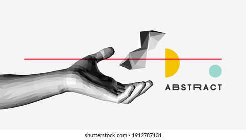 Polygonal left hand open and ready to help. Human arm giving. Technologies of the future. 3D vector illustration for advertising, marketing or presentation.