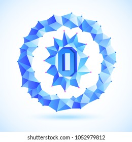 Polygonal letter symbol in the distort shape circle. Blue color gamma and sharp corner edges