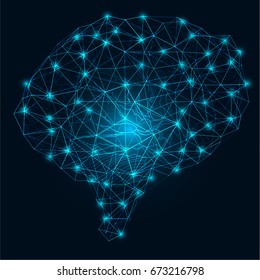 polygonal and light blue glowing brain background, vector illustration